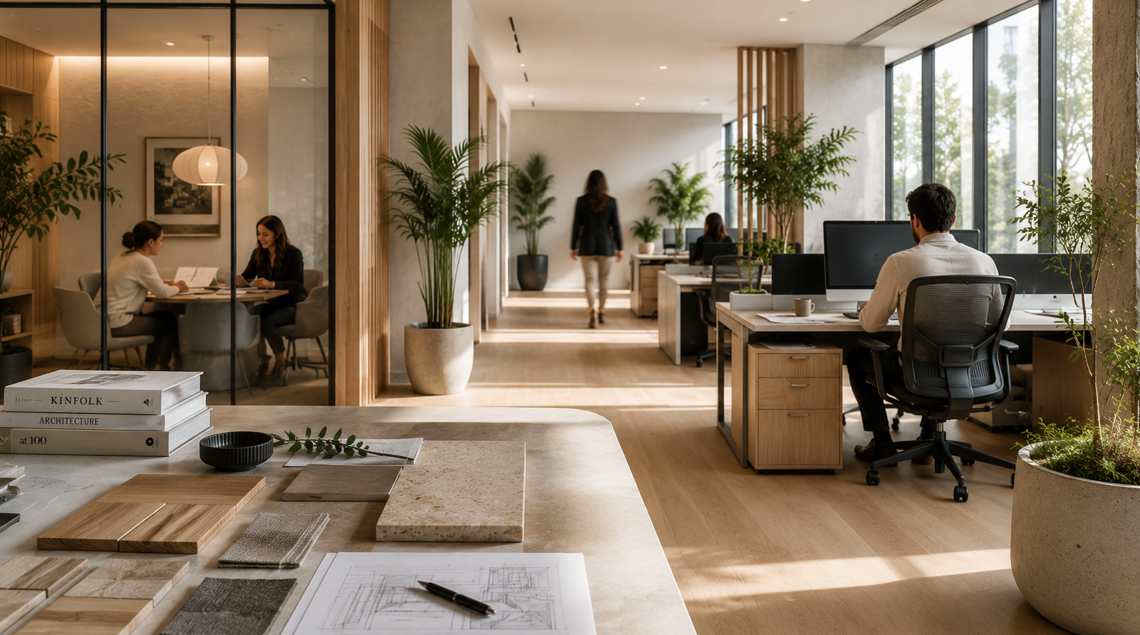 Bureaux aménagés lumineux avec plan de travail présentant plans et échantillons au premier plan