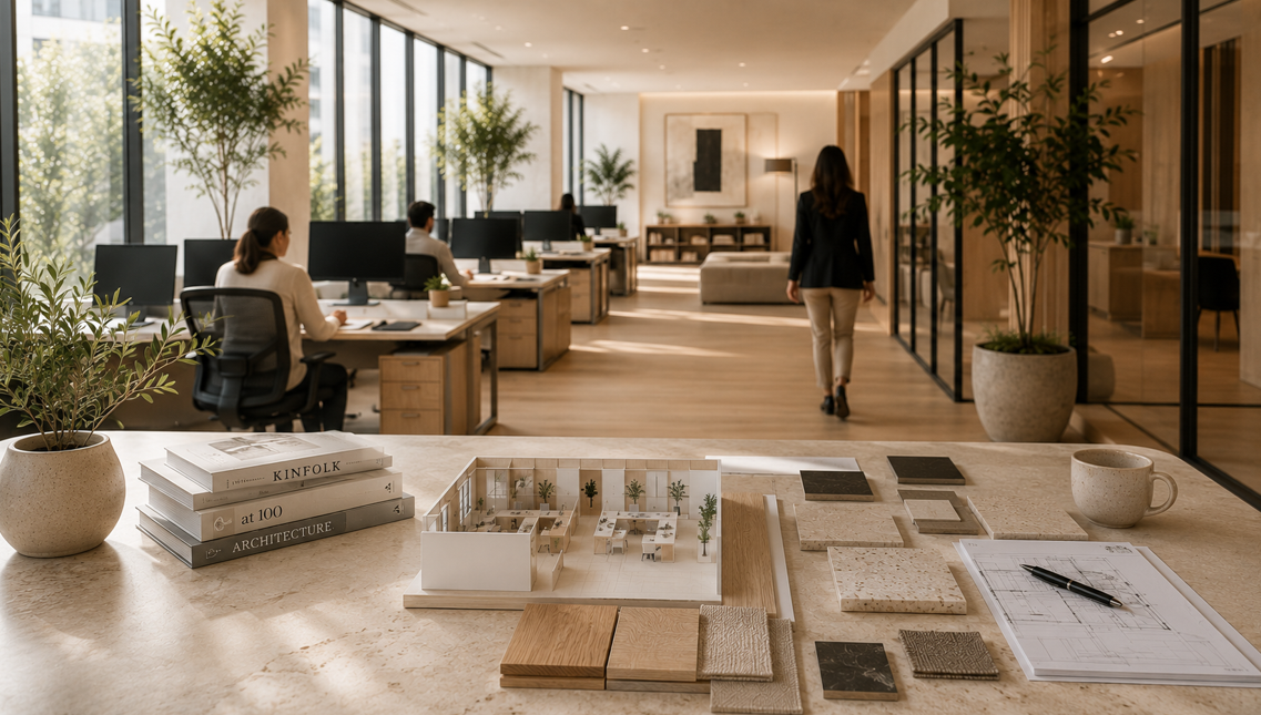 Maquette d'aménagement et échantillons posés sur un plan de travail devant un open space occupé