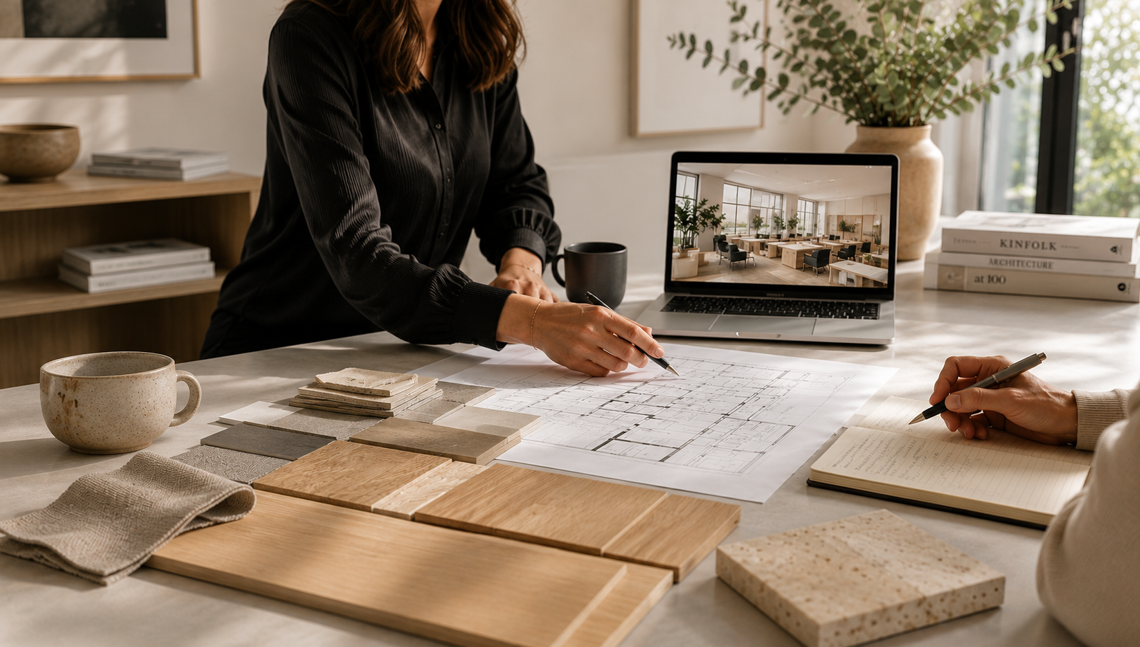 Conceptrice travaillant sur un plan d'aménagement avec échantillons de matériaux et visuel 3D sur ordinateur portable