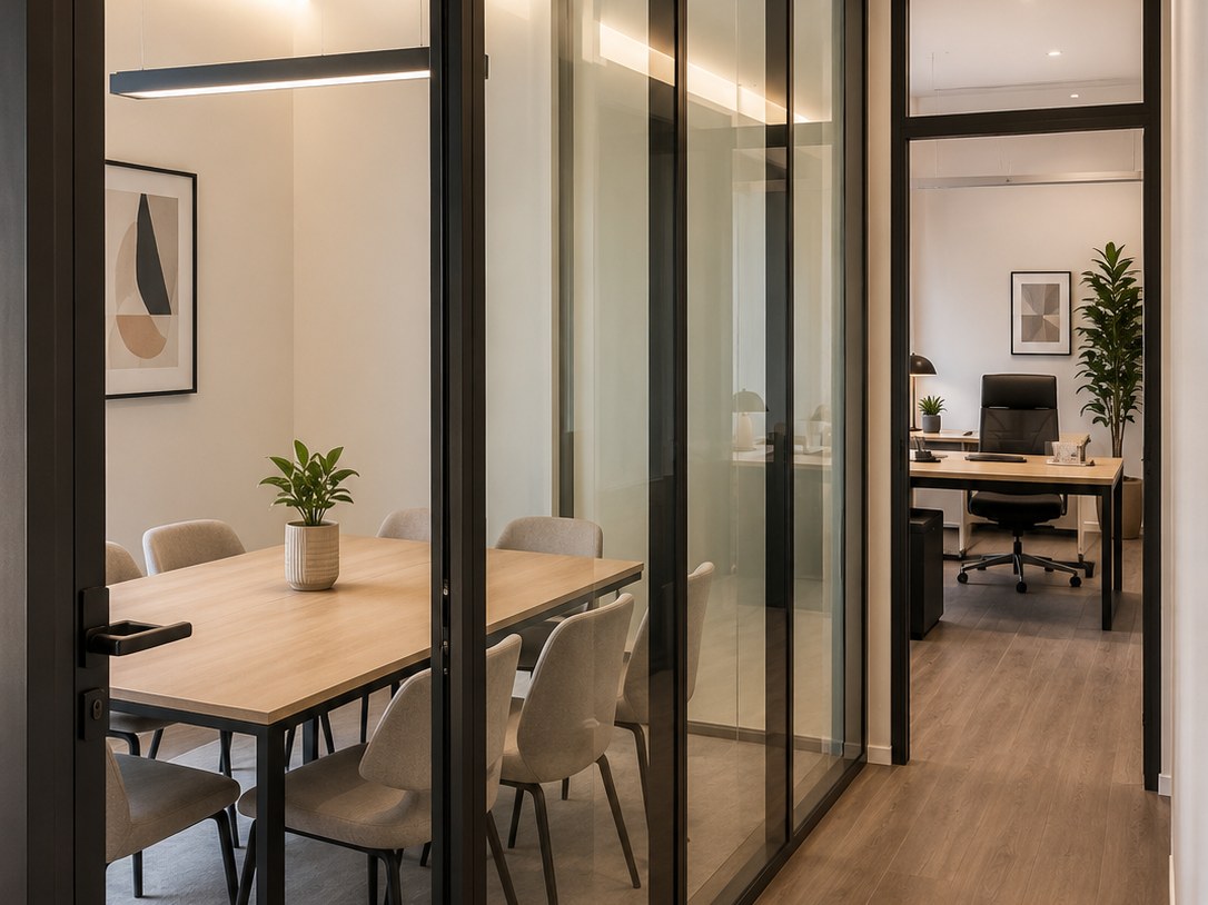 Salle de réunion vitrée et bureau de direction d'une société de cosmétique à Paris 8e
