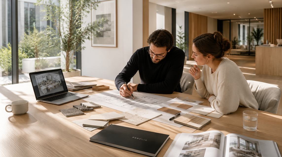 Deux collaborateurs étudiant des plans et des échantillons autour d'une table en bois dans un bureau moderne